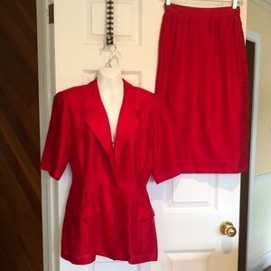 Vibrant Pure Silk Red Skirt and Blazer Set